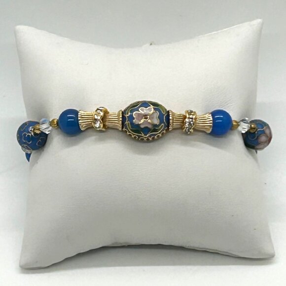 Cloisonné Floral Bracelet With Blue Glass Beads Gold-Tone Accents & Screw Clasp - Picture 1 of 14